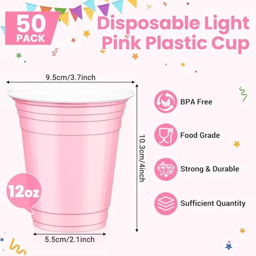 50 Pcs Pink Plastic Cups, 12 oz Disposable Cups for Party