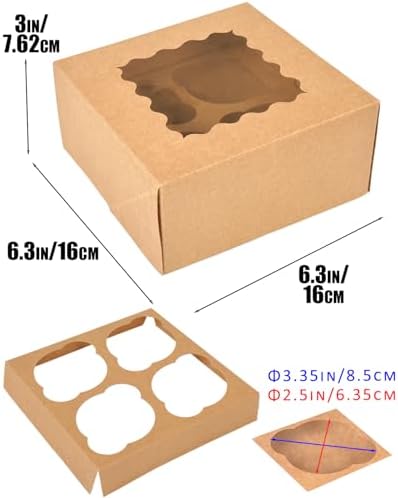 qiqee Auto-pop Up Cupcake Boxes with Window Brown 100PCS 4 Count Cupcake Box 6.3"x6.3"x3" Cupcakes Carrier, 4 Cupcake Containers
