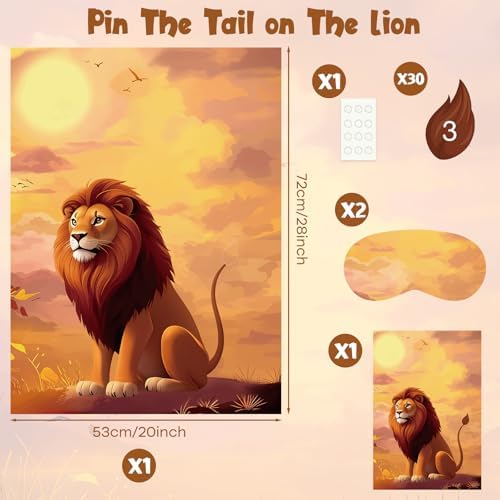 PLULON Pin The Tail on The Lion Safari Party Game for Kids, Birthday Games Big Poster with Tail Stickers for Zoo Animal Lion Party Favors Decorations Boys Birthday Jungle Party Supplies