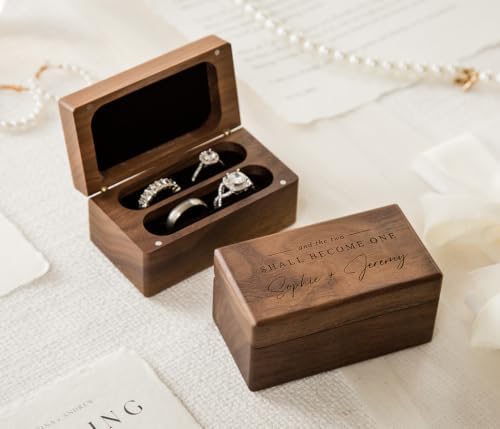 MUUJEE Custom Name Wedding Ring Box - Quad Slot Walnut Wood Ring Holder