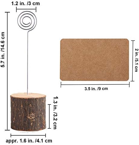 Toncoo 10Pcs Premium Wood Place Card Holders with Swirl Wire and 20 Pcs Kraft Place Cards, Rustic Wood Table Number Holders Stands, Name Cards Photo Holders for Wedding Party Sign Food Cards Label