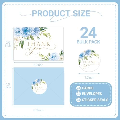 24 Pack Floral Thank You Cards with Envelopes, Watercolor Blue Greeting Cards with Matching Adhesive Envelopes for Graduation Summer Wedding Bridal Shower Birthday