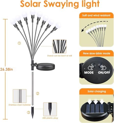 Solar Garden Lights Outdoor 8 Pack 64 LED Solar Firefly Lights Cool White