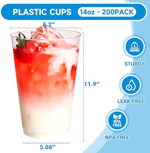 RACETOP 14 oz 200 Pack Disposable Plastic Cups, Disposable Clear Plastic Cups for Parties, Weddings, Gatherings, and Festival Events