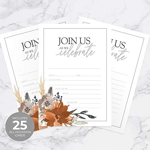 Canopy Street Indie Autumn Floral Fill In Invitations / 25 Fall Invites With White Envelopes / 5" x 7" Boho Gray And Orange Autumn Bridal Shower Invitation/Made In The USA
