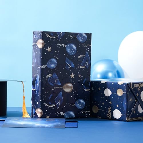 Ulmasinn Graduation Wrapping Paper, 4 Class of 2026 Designs, Navy Blue & Gold Graduation Wrapping Paper for Graduation Gifts, Party Decorations, 20 x 29 Inch Folded 8 Sheets