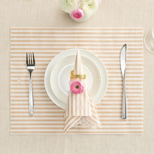 Khen 100-Count Luxury Disposable Napkins, European Stripes Design, 2-Ply Tableware, Linen-Feel Paper Guest Towels, Elegant Soft & Absorbent Hand Towel, Party Napkin or Placemats 15.75"x13" - Tan Beige