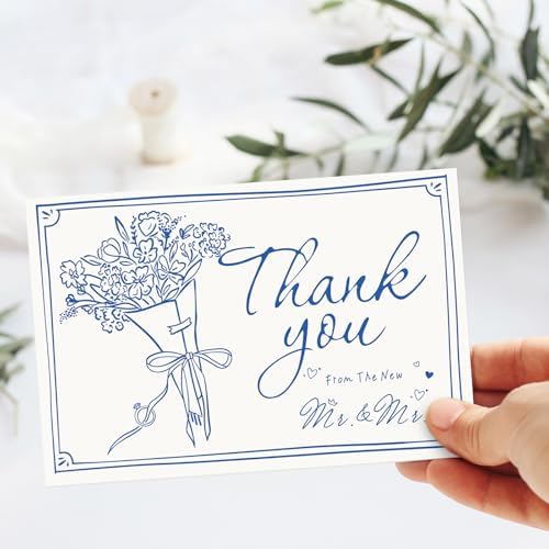 Whaline 24 Pack Wedding Thank You Cards Blue The New Mr & Mrs Flower Bouquet Thank You Blank Note Card Greeting Card with Envelope Sticker for Bridal Shower