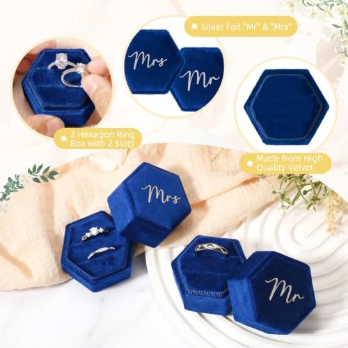 Mr & Mrs Velvet Wedding Ring Box 2 Slots Cursive Hexagon Jewelry Ring Box for Wedding Day Ceremony Bridal Photography Gift Set of 2 (Sapphire Blue)