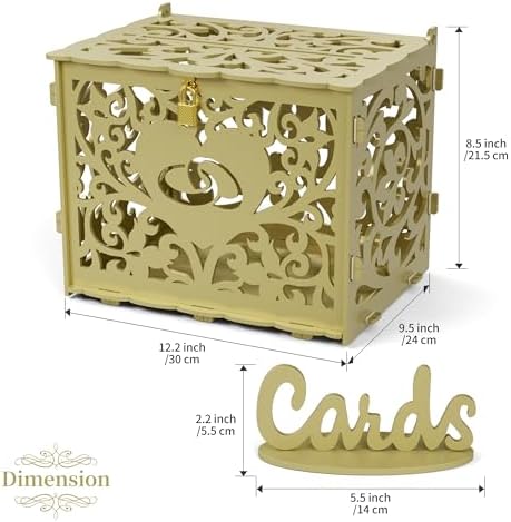 Jolik DIY Wedding Card Box with Lock, Large Money Box Holder with Card Sign for Wedding Reception, Gift Card & Envelope Storage, Anniversary & Birthday Party Decoration (Gold)