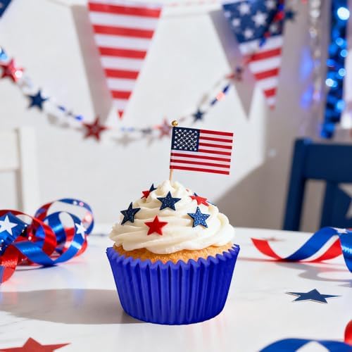 Whaline 300Pcs Patriotic Cupcake Liners 4th of July Blue Red White Standard Muffin Cupcake Wrappers Disposable Baking Cups for 250th Anniversary Independence Day Birthday Party Supplies Table Decor