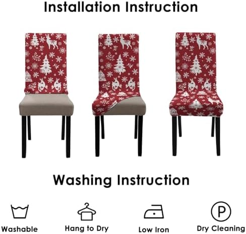 Red Christmas Chair Covers Set of 4,Winter Christmas Tree Snowflake Elk Chair Protectors,Elastic Removable Washable Dining Chair Covers for Winter Christmas Kitchen Dining Room Holiday Decor