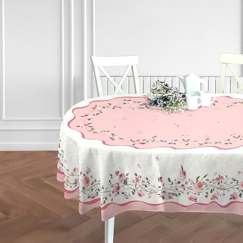 Pink Floral Tablecloth Decoration Tablecloths, Pink Rose Rosette Butterfly Table Covers, Waterproof Table Cover for Dinner Kitchen Party Holiday Decor 60"x 102" Oval