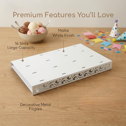 Metal Cakesicle Display Stand with Vine Pattern, 16 Holes, 10.24 x 7.09 x 1.06 Inch, Pre-Assembled Party and Wedding Dessert Holder (White)