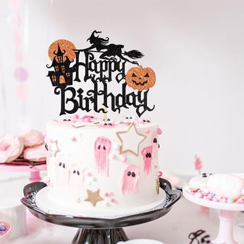 1 Pack Halloween Happy Birthday Cake Topper Glitter Witch Leg Haunted House Pumpkin Cake Pick for Halloween Themed Cupcake Decoration Birthday Party Supplies