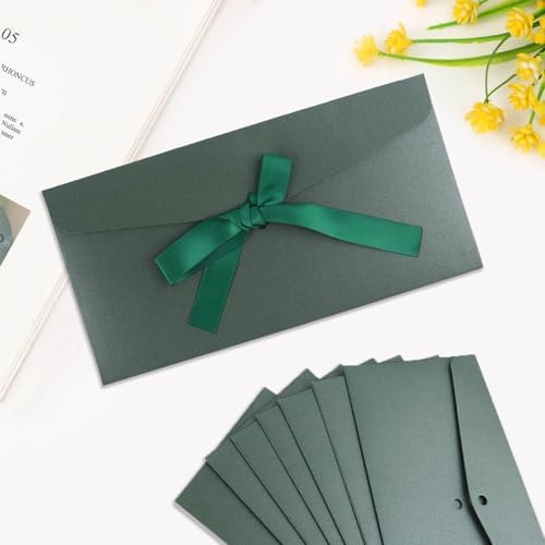 20 Pack Pearlescent Green Decorative Envelopes with Ribbon Bow, 8x4 Inch Christmas Cash Gift Envelope, Greeting Invitation Envelope Classical Pure Set for Wedding Birthday Festival and Party