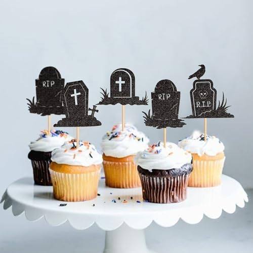 Ercadio 24PCS Halloween Tombstone Cupcake Toppers Glitter Black RIP Cemetery Graves Crow Cross Cupcake Picks for Halloween Theme Birthday Party Cake Decorations Supplies