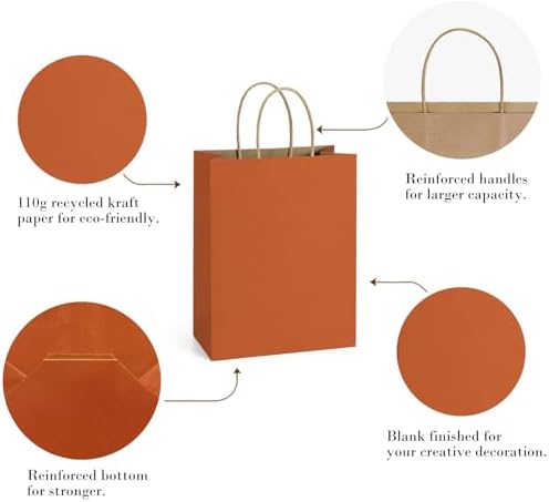 BagDream Medium Gift Bags with Handles 8x4.25x10.5 Inch Orange 100 Pcs Bulk