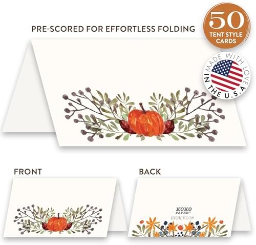 Koko Paper Co Thanksgiving Table Place Cards with Pumpkin and Fall Leaves | 50 Tent Style Dinner Setting Name Cards | Designed and Made in the U.S.A.