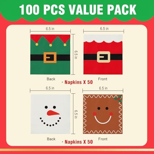 100 Christmas Napkins, Christmas Cocktail Napkins, Xmas Snowman Gingerbread Man Elf & Santa Party Napkins for Holiday Decorations Table Décor Party Supplies