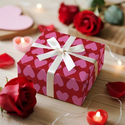 RUSPEPA Valentine's Day Wrapping Paper Roll, Mini Roll, Pink Heart Stripe Design, Red Gift Wrap for Girls, Wife, Wedding, Anniversary, Birthday, Valentine's Day, Bridal Shower, 17 Inches x 16.4 Feet