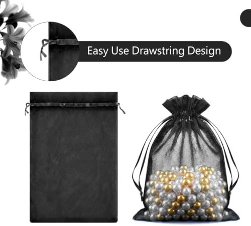 FUNFERY 100PCS Black Organza Gift Bags 6x9in,Drawstring Pouch for Jewelry