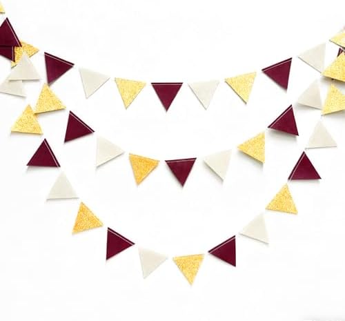 Maroon Gold Party Decorations Burgundy Beige Gold Glitter Felt Hanging Triangle Mini Bunting Pennant Banner Flag for Birthday Graduation Wedding Shower Anniversary Party Decor Supplies