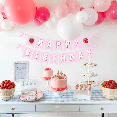 Strawberry Happy Birthday Banner Decorations, Pre-Strung Letter Garland with Berry Accents for Girls Birthday Party, Baby Shower, Indoor Outdoor Wall Decor and Photo Backdrop, Pink