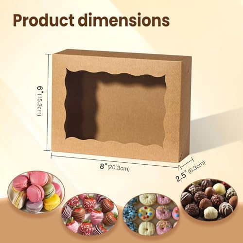 8PCS Brown Bakery Boxes with Window, 8x6x2.5 Inch Gift-Ready Pastry Box for Chocolate Strawberries, Macarons, Donuts, Truffles, Ores, Cookies, Donuts, Perfect for Different Holiday Celebrate