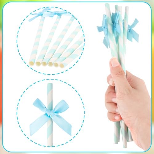 24 Packs Blue Bow Biodegradable Striped Paper Straws, Blue and White Disposable Drinking Straws for Birthday Carnival Summer Pool Party Wedding Baby Shower Halloween Party Decoration Supplies