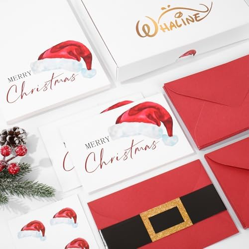 Whaline 50 Pcs Christmas Greeting Cards Santa Claus Blank Note Cards Boxed Blank Note Card with Envelope Stickers for Xmas Party Invitations, 4 x 6 Inch