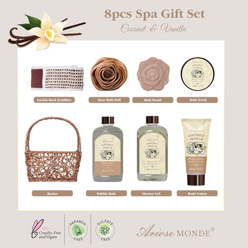 Spa Gift Baskets for Women, 8pcs Coconut Vanilla Bath Gift Set for Women