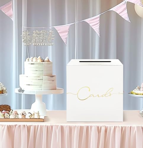 HEIPINIUYE Large Card Box for Party 9.8" x 9.8" White Gift Card Box Holder with Gold Foil Design for Wedding Birthday Baby Shower Retirement Graduation Party Raffle Box