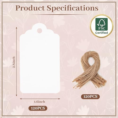 SallyFashion 120Pcs White Gift Tags with String, 1.6 X 2.8 inch