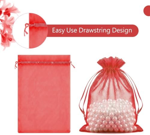 FUNFERY 100PCS Red Organza Gift Bags 5x7in,Drawstring Pouch for Jewelry