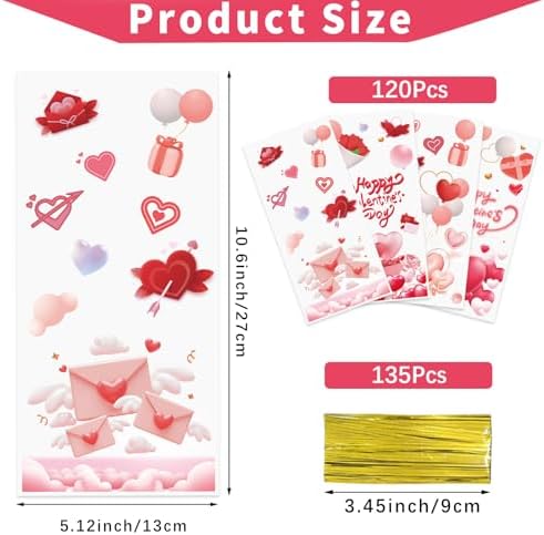 Valentines Goodie Bags, 120Pcs Valentines Treat Bags for Candy Goody Snacks Gifts Packing, Valentines Day Cellophane Bags With 135Pcs Twist Ties for Kids Classroom Party Favors - 4 Lovely Style