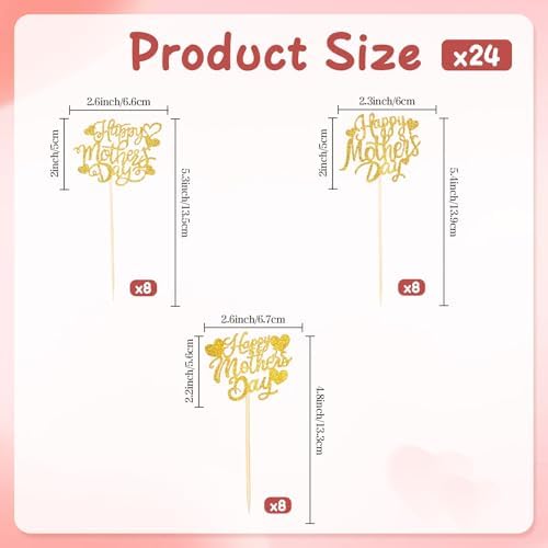 Happy Mothers Day Cake Topper, 24 Pcs Mothers Day Cupcake Toppers, Glitter Gold Happy Mother's Day Cupcake Toppers Food Picks Cake Decoraitons for Birthday Mothers Day Decorations
