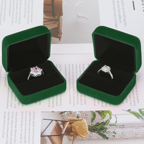 KUKUVR 2 Pieces Velvet Metal Wedding Ring Box, Elegant Jewelry Earring Studs Gift Box for Women Girl, Ring Holder Case for Engagement Proposal, Anniversary, Bridal Party Decor (Green)