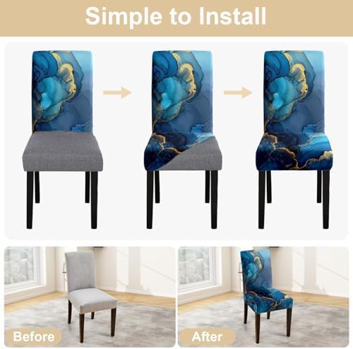 Blue Marble Chair Covers Set of 4, Stretchable Dining Chair Slipcovers with Elegant Blue & Gold Abstract Design, Washable Chair Protectors for Dining Room, Kitchen & Event Décor