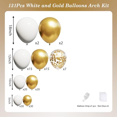 White and Gold Balloons Arch Kit, 131Pcs Gold Latex Balloons Different Size