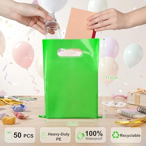 VieFantaisie 50 PCS Green Party Favor Bags, 8" x 11" Goodie Bags for Candy Treat Craft Easter Egg, Plastic Gift Bag with Die Cut Handles for Birthday Party, School Events & Small Business, Wedding