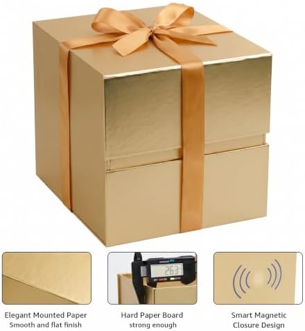 LIFELUM Gold Gift Box for Birthday with Magnetic Lid, 8.6"x8.6"x8.6"