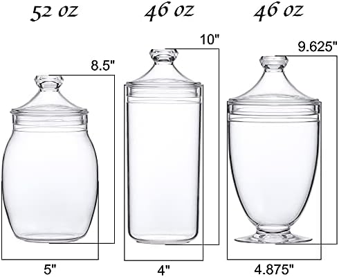 Amazing Abby - Adore - Plastic Apothecary Jars (3-Piece Set, 52/46/46 oz) (NOT Glass), Acrylic Jars with Lids, Bathroom Canisters, Candy Buffet, Wedding Display, BPA-Free and Shatter-Proof