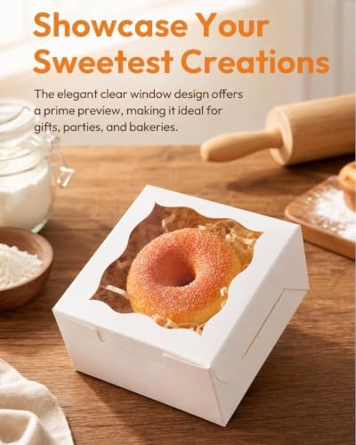 qiqee Bakery Box with Window 4x4x2.5 4*4*2.5inch/100Packs White Macaron Boxes Small Donut Pastry Boxes for Party Mini Cookie Boxes(5 Diferent Gift Include)