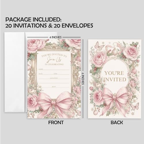 AEHIE 20 Sets Pink Floral Wedding Party Invitations With Envelopes