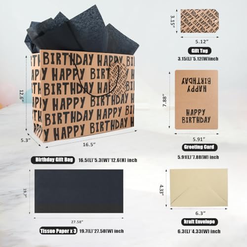 JAYTEM Birthday Gift Bag, 16.5" Kraft Paper Large Gift Bag, Classic Black Lettering Design Happy Birthday Bag Set with Greeting Card, Tag, Envelope & Tissue Paper for Men, Boys, Kid