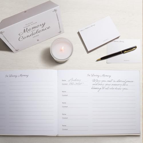 Rymori Funeral Guest Book for Memorial Service - with Pen, Cards, Table Sign & Back Pocket, Guests Sign in Book Celebration of Life | in Loving Memory Memorial Service Guest Book, White Natural Linen