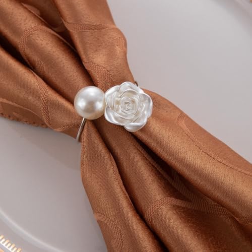 Silver Valentine's Day Napkin Rings Set of 6, Metal Rose Pearl Valentine's Day Napkin Holders Holiday Mother's Day Wedding Table Decorations Party Supplies