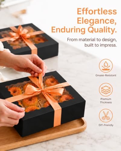 qiqee 10"x 10"x 2.5" Black Pie Boxes with Window 50Packs Cookie Donut Bakery Box (Auto-pop Up)