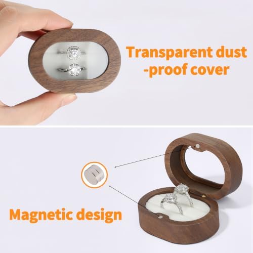KUKUVR Oval Wooden Ring Box with Clear Window, Ring Holder Box for Wedding Day Engagement Proposal, Jewelry Gift Storage Box for Women (White - 2 Slots)